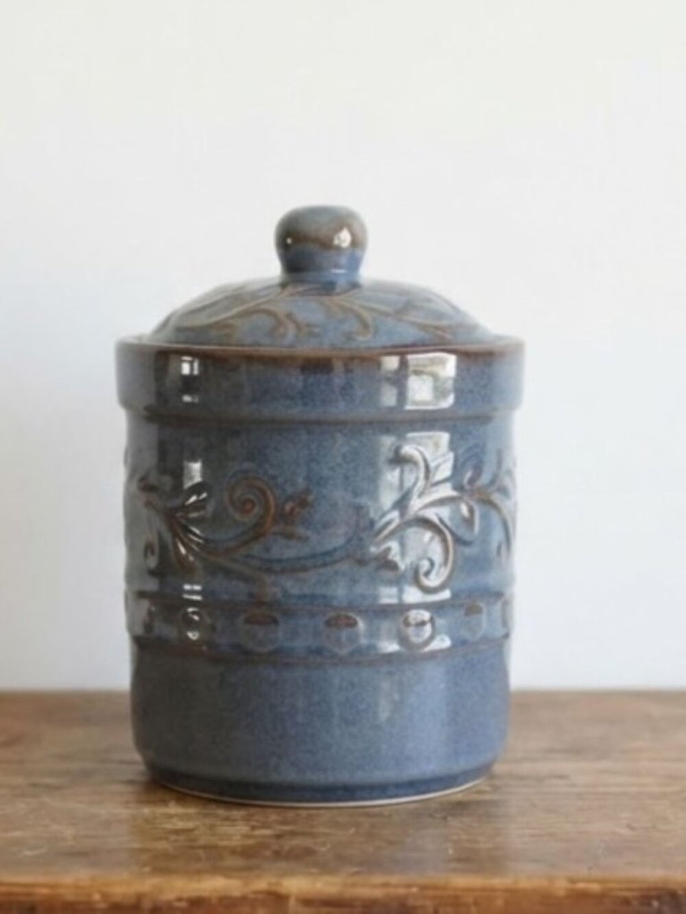 Vintage Blue Pottery Canister Jar with Lid Embossed Floral Scroll Design 8" Tall